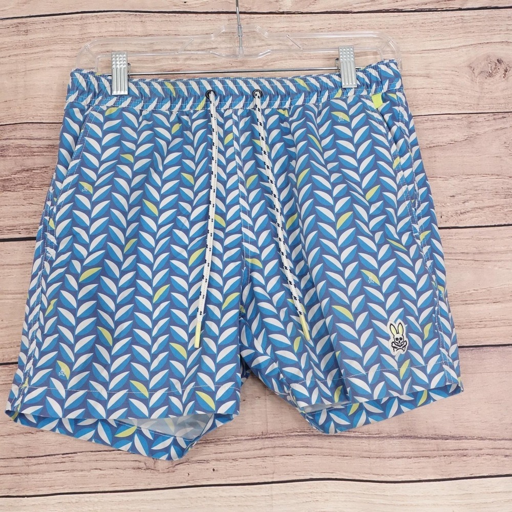 Psycho Bunny Swim Shorts Mens XS Blue Leaf Print Lined Drawstring 5 Inseam Mesh